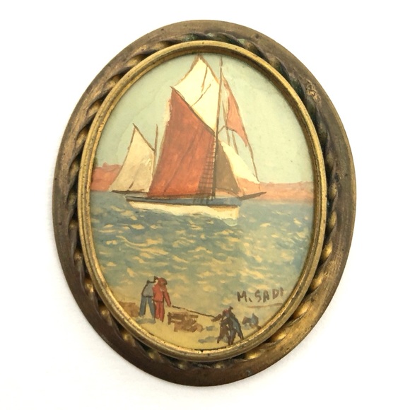 Jewelry - Antique Painting Brooch Sailboat Scene Early 1900s